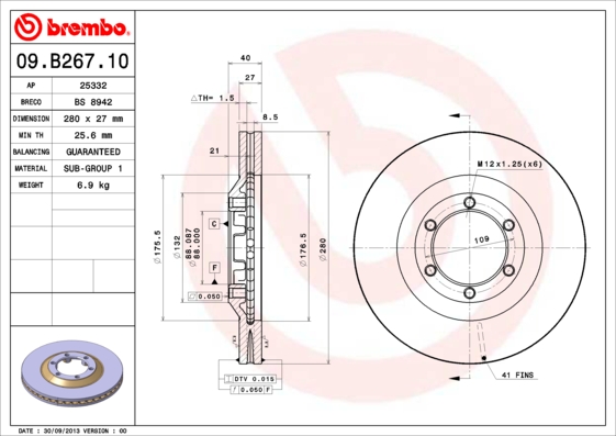 Disque de frein avant BREMBO 09.B267.10 (Jeu de 2)